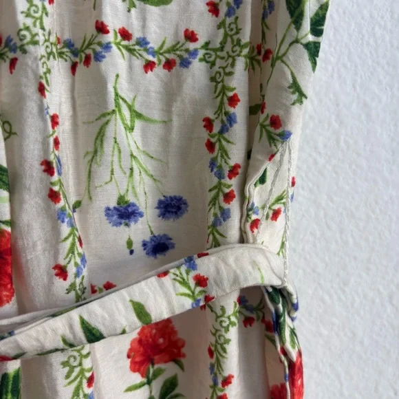 femme de lune Cream Tiered Floral Bohemian Midi Dress Ruffled Sleeve Tie Waist - Picture 8 of 9